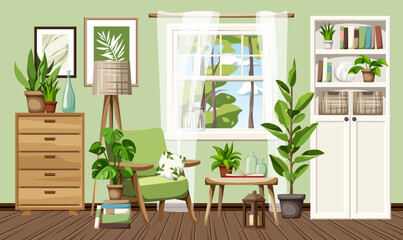 Living room interior design with green walls, an armchair, a white bookcase, a dresser, and houseplants. Cozy room interior design. Cartoon vector illustration