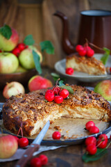 Homemade apple crumble cake on rustic background