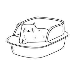 Cute hand drawn cat sitting in litter box. Doodle drawing of domestic kitty in a tray. Domestic pet scribble. Outline vector illustration