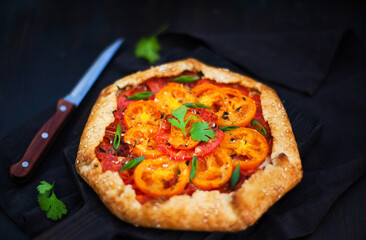 Tomato, scallions and cheese rustic open pie (galette)