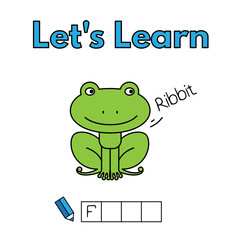 Cartoon frog learning game for small children - write the word. Vector illustration for kids