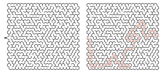 Labyrinth vector graphic. Hexagon (honeycomb) shape, complex maze (labyrinth) game illustration.