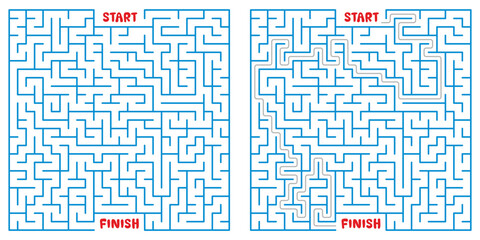 Square color labyrinth with the answer. An interesting game for children and teenagers. Simple flat vector illustration isolated on white background.