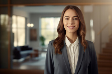 smiling female Real Estate Agent in a suit stands in new home with Generative AI
