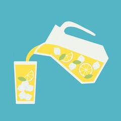 Refreshing lemonade illustration. Glass with straw and pitcher with lemons and ice cubes. Retro style illustration with vintage texture