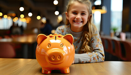 Obraz premium stock photography a child with pink piggy bank on wooden desk