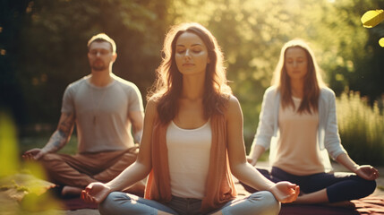 Group of People Meditate in the Garden, Generative AI