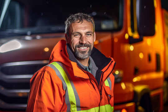 a smiling male truck driver standing in front of his truck with Generative AI