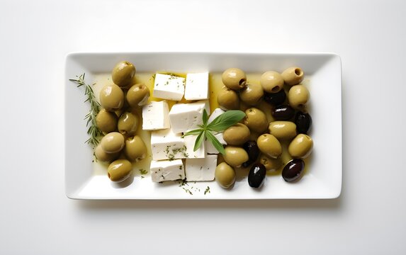 Feta Cheese and Olives on a Clean White Plate, Appetizing View, Minimal, White, Food, Vegetables, Generated AI, Greek Cuisine, Tasty
