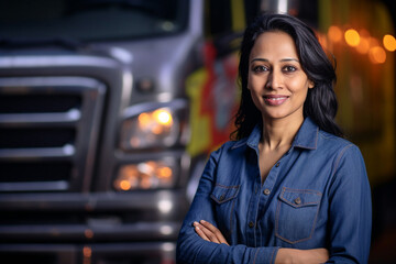 Obraz na płótnie Canvas a smiling female truck driver standing in front of her truck with Generative AI