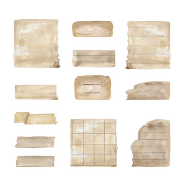Watercolor set with note Stickers. Brown adhesive tape, washi tape, scotch for Herbarium. Paper tearing effect sticker, kraft paper sheets texture background