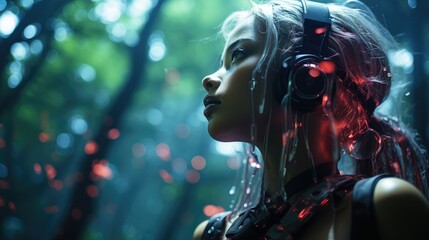 Futuristic shot, robot woman walking in a digital forest. Generative AI © GMZ