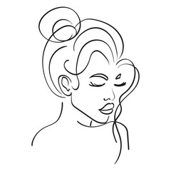 Abstract portrait of a female face. Minimalist sketch with one line. Face line art. Black and white minimal vector illustration for cosmetics, beauty salon. Poster, tee print, wall art.