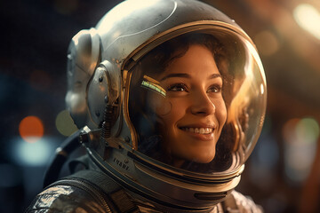Fototapeta premium a happy astronaut woman in space helmet and space theme with Generative AI