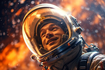 Obraz na płótnie Canvas a happy astronaut man in space helmet and space theme with Generative AI