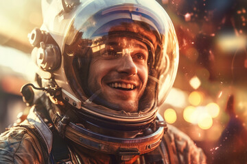 Obraz na płótnie Canvas a happy astronaut man in space helmet and space theme with Generative AI