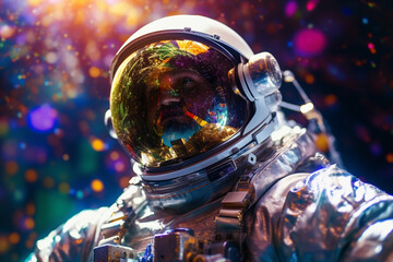 Obraz na płótnie Canvas a happy astronaut man in space helmet and space theme with Generative AI