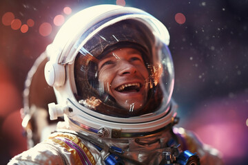 a happy astronaut man in space helmet and space theme with Generative AI