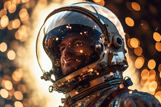 a happy astronaut man in space helmet and space theme with Generative AI
