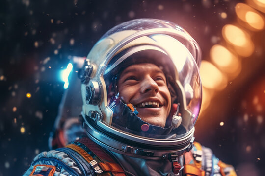 a happy astronaut man in space helmet and space theme with Generative AI