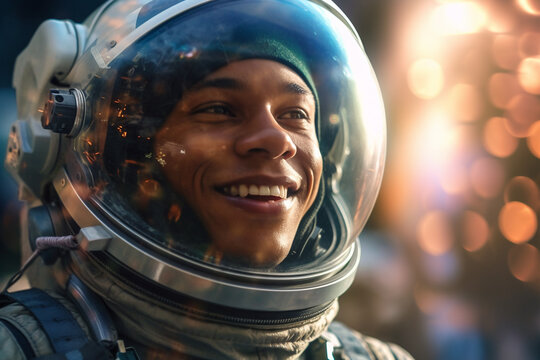 a happy astronaut man in space helmet and space theme with Generative AI