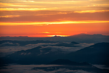 Aerial top view High mountain in morning time. Beautiful natural landscape Beautiful Sunrise Natural view on the hill, sea fog