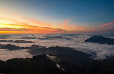 Aerial top view High mountain in morning time. Beautiful natural landscape Beautiful Sunrise Natural view on the hill, sea fog