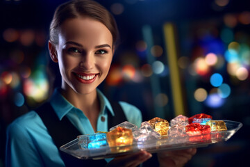 a happy female waiter holding tray with a cocktail with Generative AI