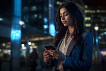 a business woman at night using phone at night city with Generative AI