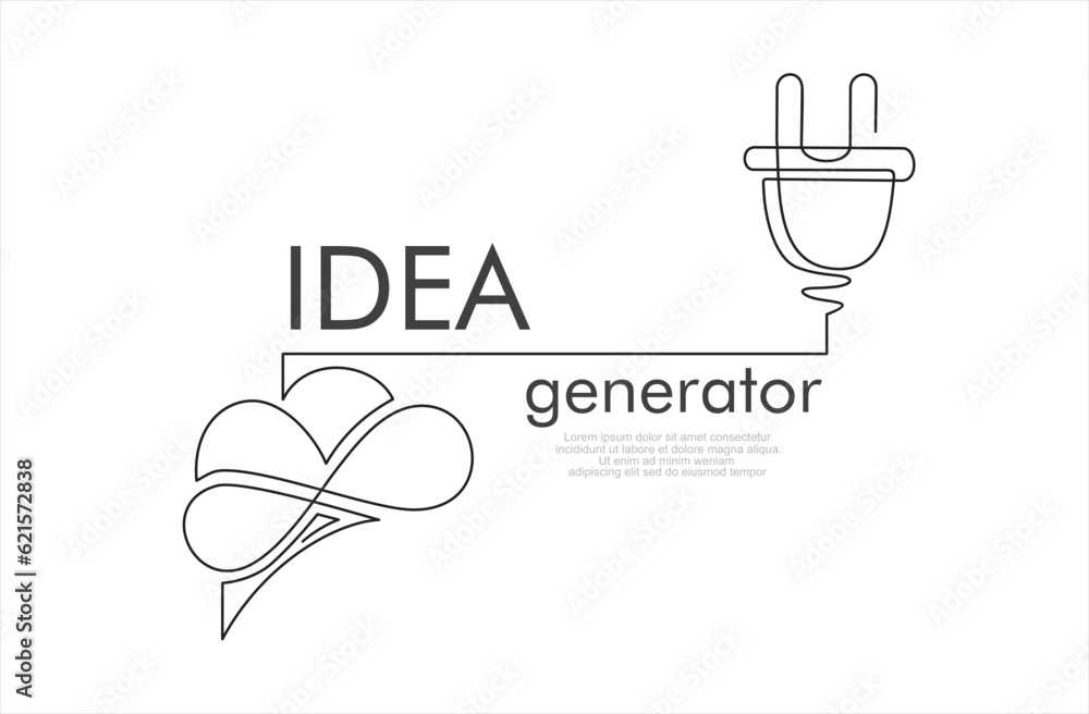 Poster continuous one line drawing of human brain and plug. creative idea inspiration generator - infograph