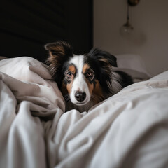 Generative AI illustrations, Stay home. Funny portrait of smilling puppy dog border collie lying in dog bed indoors.