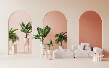 Bright interior with pink arches and  floor. Pink wall and furniture. Memphis design style. Pink soft sofa, potted palm trees, pink coffee table, soft sofa. 3d rendering