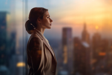 Fototapeta premium businesswoman looking out into city skyline with Generative AI