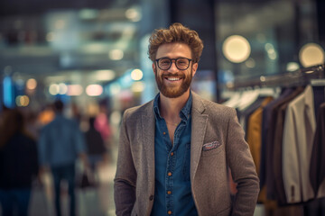 Obraz premium a happy man looking fashion and choosing them in a modern shopping store with Generative AI