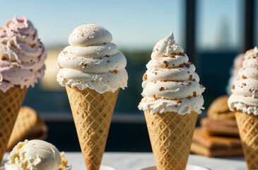 Close up view of ice cream display on a table
