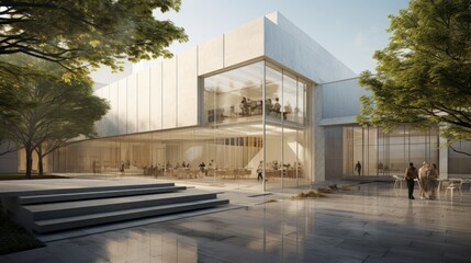 A contemporary art museum with a sculpture garden and large glass windows, generative ai