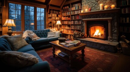 A cozy living room with a fireplace, plush sofas, and bookshelves filled with novels, generative ai