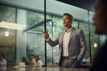 a man presenting at a modern conference room with Generative AI