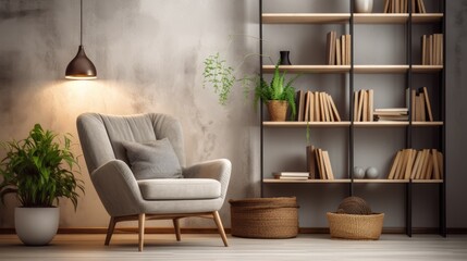 A cozy reading corner with a comfortable armchair, soft lighting, and a bookshelf filled with books, generative ai