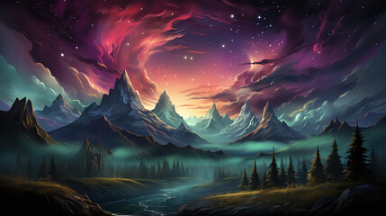 A landscape painting with wind blown clouds in the sky. In the style of colorful animation stills. For Backgournd. Generative Ai.