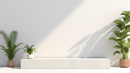 white podium on white concrete wall with sunlight	