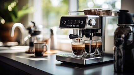 A high-end espresso machine brewing a perfect cup of coffee in a modern kitchen, generative ai