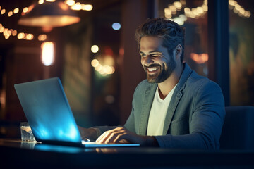 smiling man working on laptop working with laptop with Generative AI