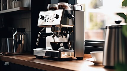 A high-end espresso machine brewing a perfect cup of coffee in a modern kitchen, generative ai