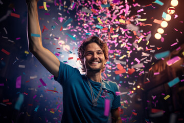 a happy winner on stage holding trophy in his hands with colorful light confetti with Generative AI