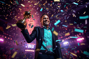 a happy winner on stage holding trophy in his hands with colorful light confetti with Generative AI