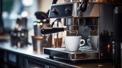 A sleek and modern espresso machine brewing a perfect cup of coffee in a trendy cafe, generative ai