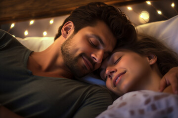 Fototapeta na wymiar happy couple sleeping on a bed in romantic mood with Generative AI