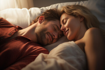 happy couple sleeping on a bed in romantic mood with Generative AI