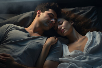 happy couple sleeping on a bed in romantic mood with Generative AI